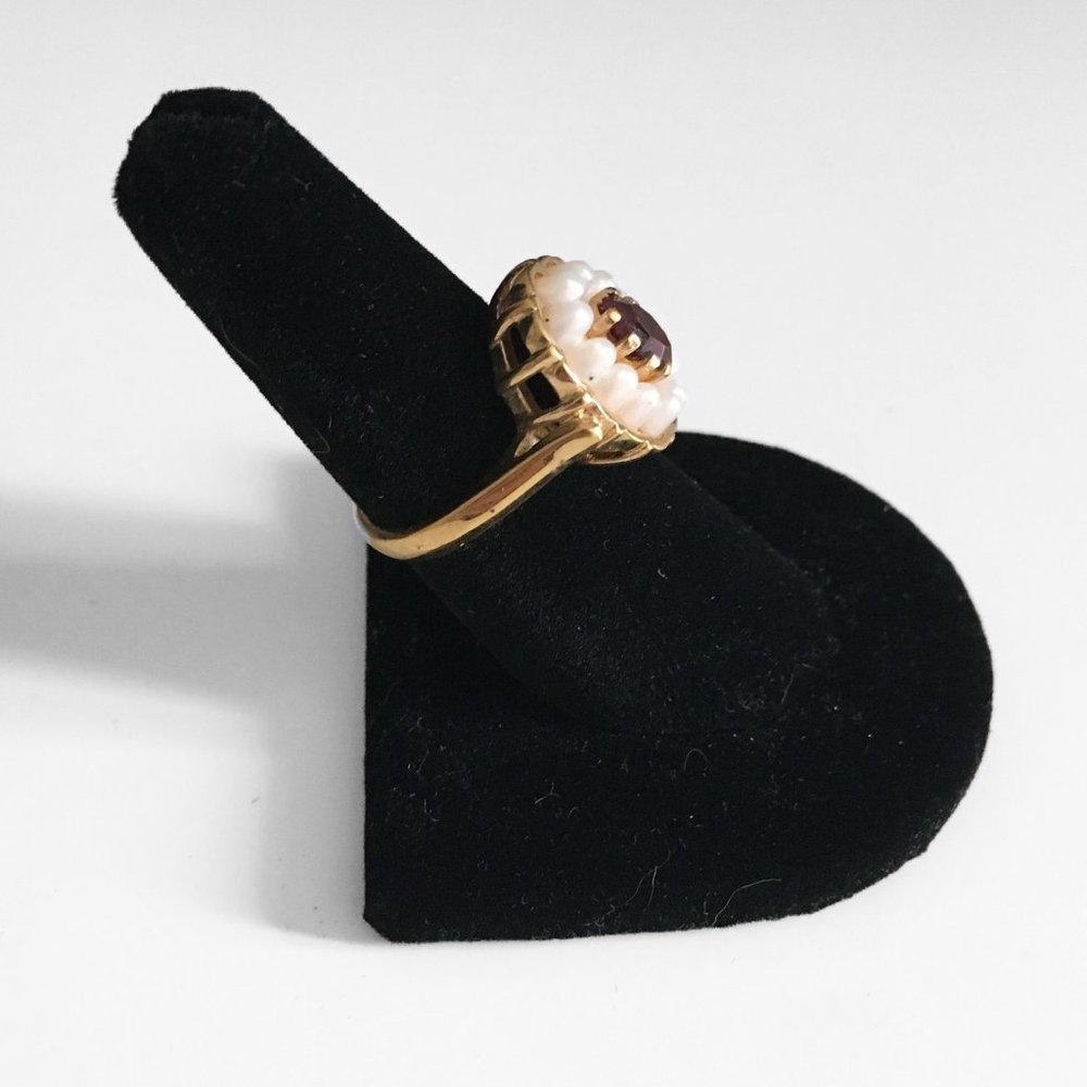 Vintage Faux Pearl Red Stone Costume Jewelry Ring - Picture 3 of 4